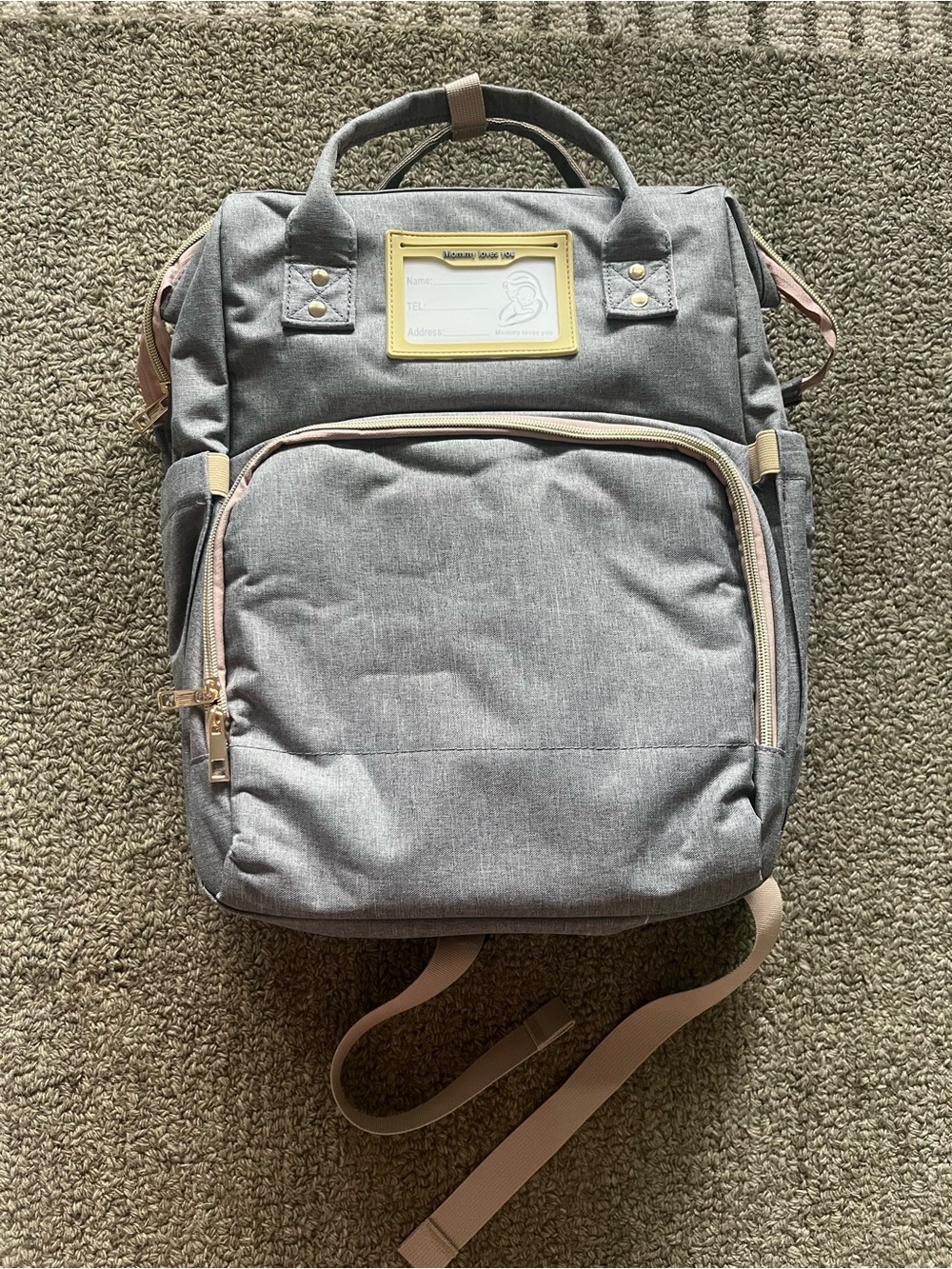 Modern Grey Oxford Diaper Bag with Blush Trim